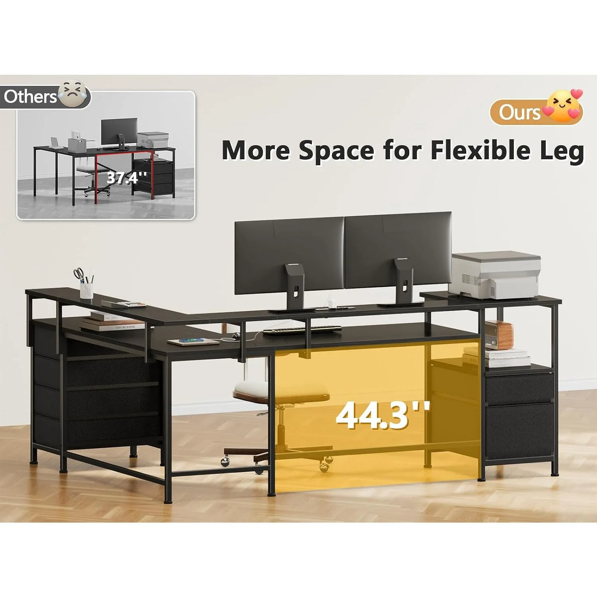 66" L‑Shaped Gaming Desk,6 Drawers & LED Lights & Power Outlets,Home Office Corner Workstation, Custom