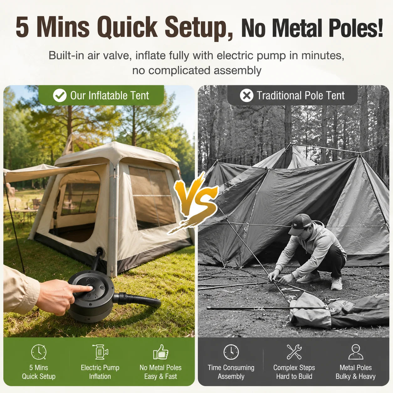 Outdoor Lightweight Inflatable Camping Tent 4-5 people Easy Setup Auto Tent with Sunshade For Hiking Glamping Inflatable Tent