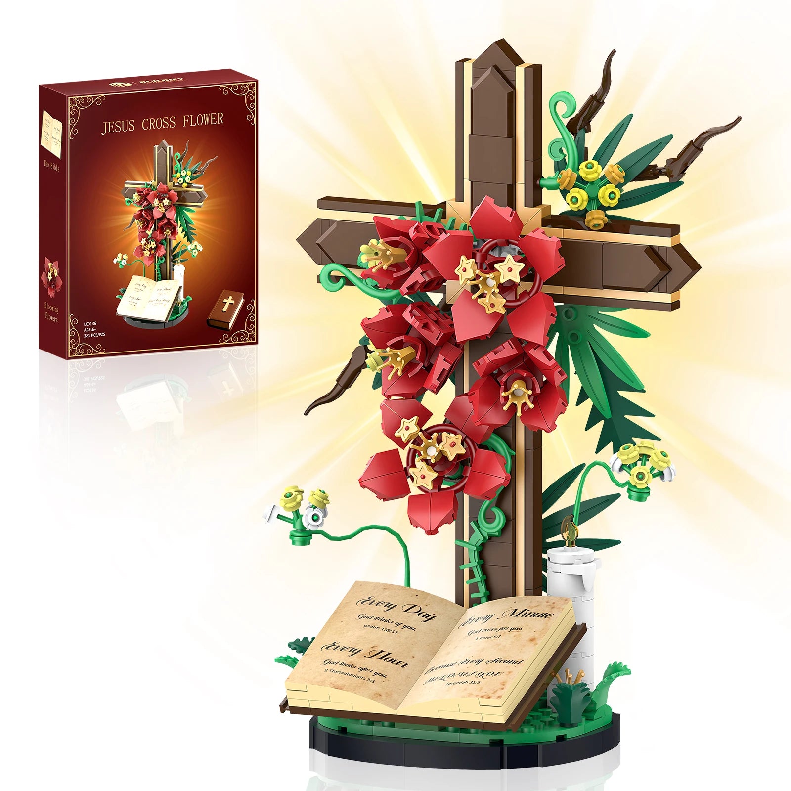 Jesus Flowers Cross Building Blocks Set, LED Religious Decor, Lego-Compatible Christian Catholic Gift for Easter, Kids & Adults