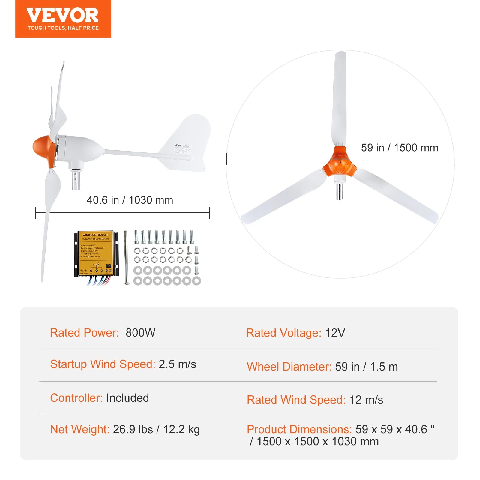 SucceBuy Wind Turbine Generator 12V 500W/800W Wind Turbine Kit Wind Power Generator with MPPT Controller Suitable for Home Farm