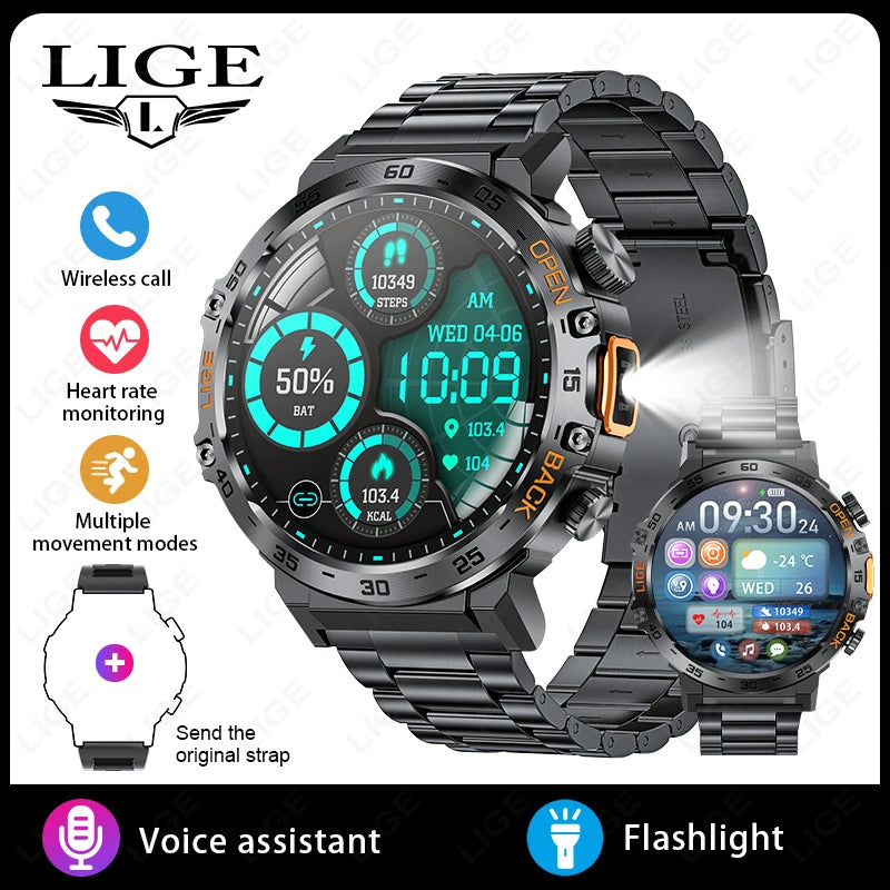 Stay active and connected with this men's smart watch featuring an HD screen, waterproof design, sports fitness tracking, and a handy flashlight—compatible with Android and iOS!