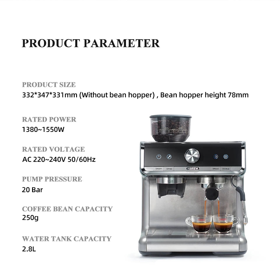 HiBREW  Barista Pro 20Bar Bean to Espresso,Cafetera  Commercial Level Coffee Machine with Full Kit for Cafe Hotel Restaurant H7