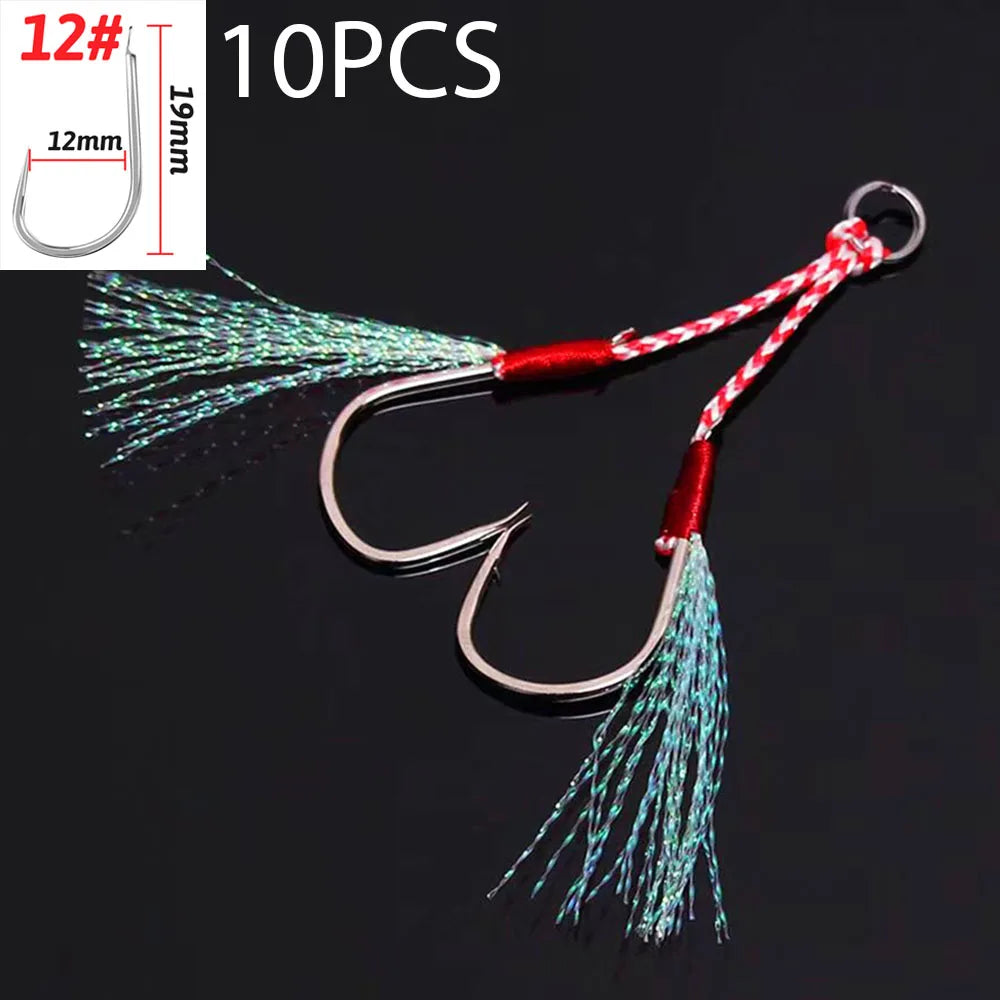 Cast Jig Assist Hook 10PCS/Lot High Carbon Steel Angle Barbed Thread Feather Lake Fishing Tackle Slow Jigging Sea Pesca Fishhook