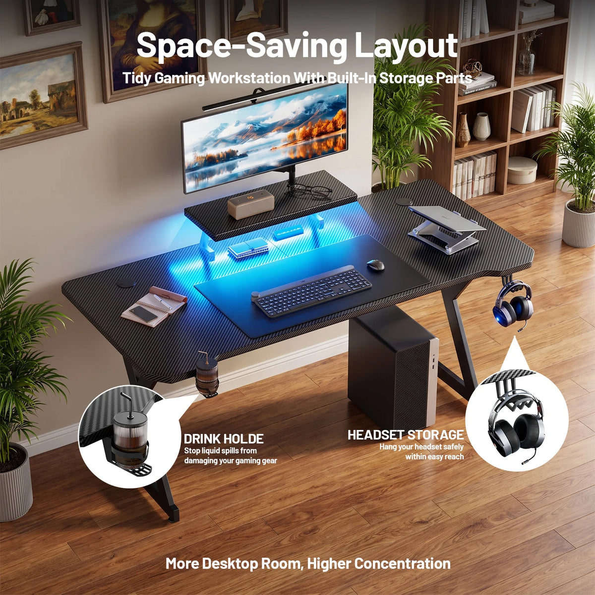 NEBMAAX Gaming Desk with LED Lights, Ergonomic Monitor Stand & Cup Holder, Large Computer Desk with Headphone Hook for Home Office, Black