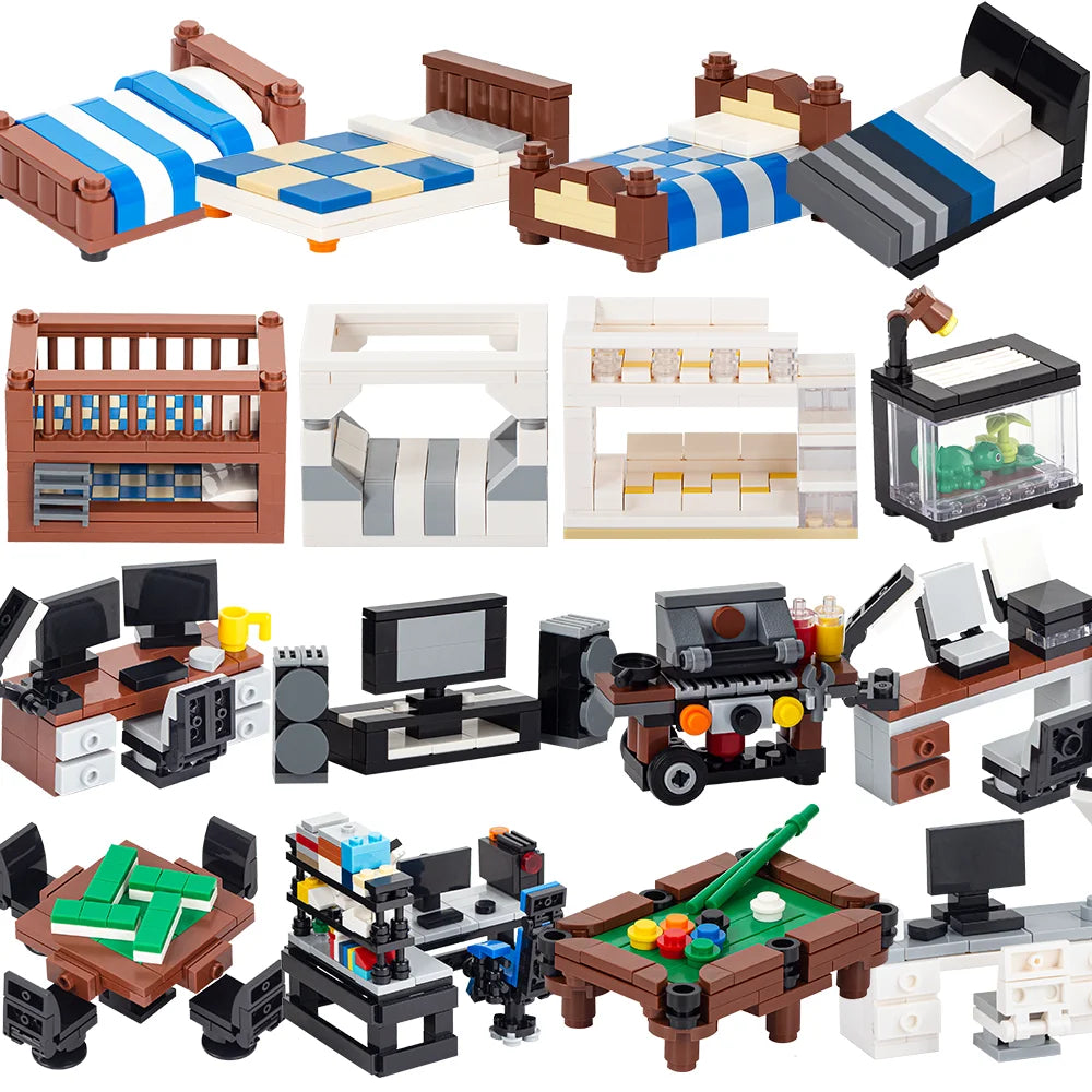 MOOXI City Furniture Bed Computer Desks Billiard Table Mahjong Table DIY Diorama Adult Building Block Set Children Toy MOC Brick
