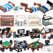 MOOXI City Furniture Bed Computer Desks Billiard Table Mahjong Table DIY Diorama Adult Building Block Set Children Toy MOC Brick
