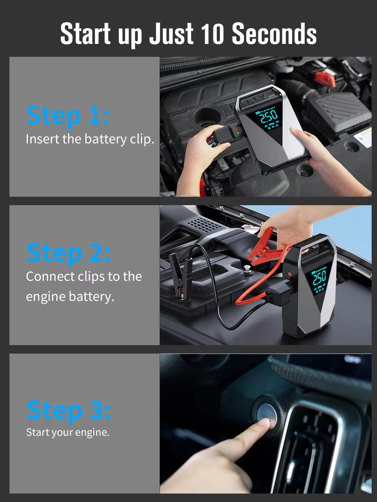 Be prepared on the road with this portable car jump starter and 150PSI air compressor—jump your battery and inflate tires anytime, anywhere!