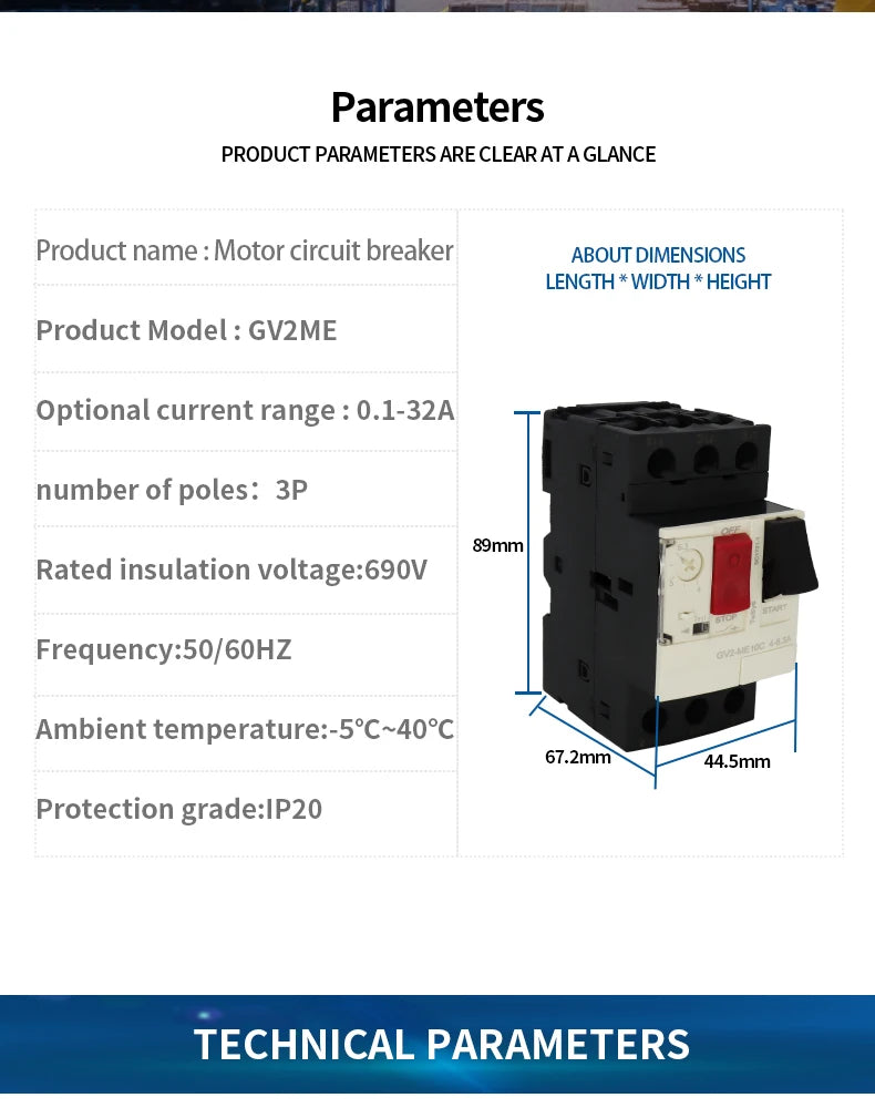 MPCB motor starter with Pushbutton Control GV2ME08,GV2ME10.GV2ME14,GV2ME16,GV2ME20,GVME22 Motor Thermal Magnetic Circuit Breaker