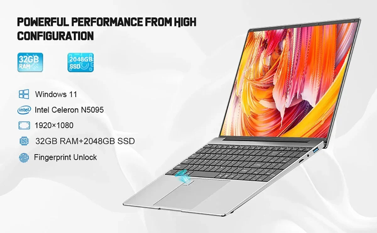2025 Laptop 15.6 Inch 32GB Ram DDR4 2048GB SSD Windows 11 Notebook Pc Gamer Intel N5095 Office Computer WIFI Backlit Fingerprint