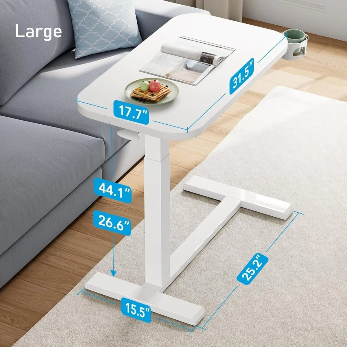 28/32Inch Bedside Table with Wheels, Height-Adjustable Rolling Computer Cart, Overbed Table with Cup Holder, Pneumatic Laptop Standing Desk for Home Office