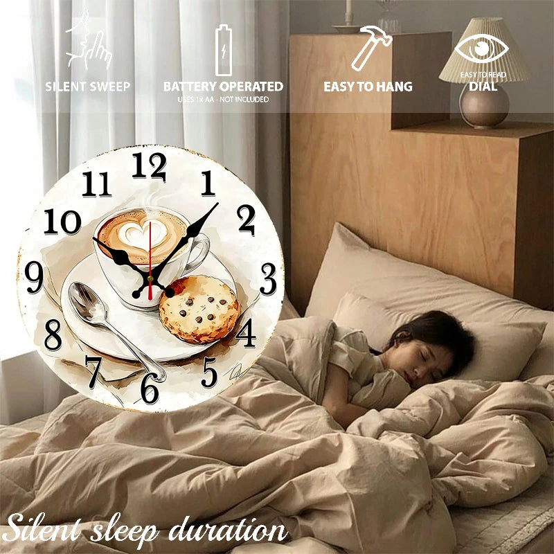 Coffee & Pastry Wooden Round Silent Hanging Wall Clock, Suitable For Living Room, Office, Study Room, Bedroom, Home Decoration