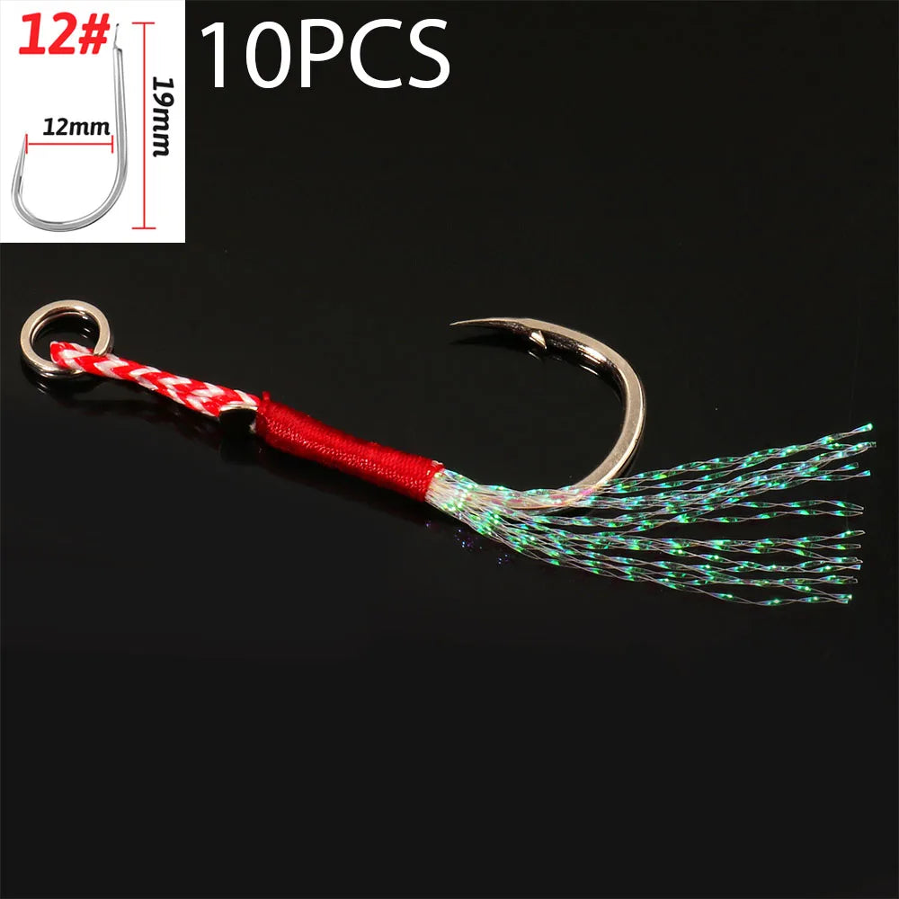 Cast Jig Assist Hook 10PCS/Lot High Carbon Steel Angle Barbed Thread Feather Lake Fishing Tackle Slow Jigging Sea Pesca Fishhook
