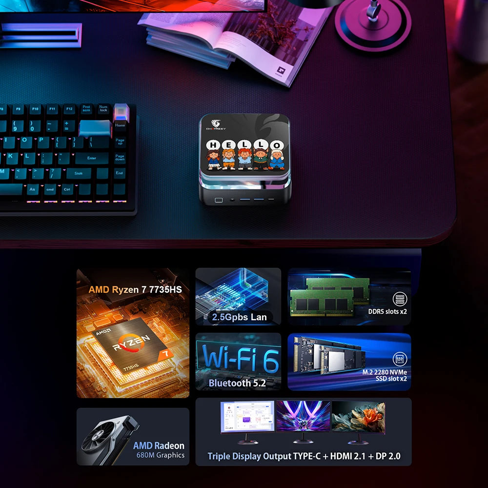 AMD Ryzen 7 7735HS 680M Chatreey AN3P Mini PC  Gaming Desktop Computer with WiFi 6/Bluetooth 5.2//HDMI/DP