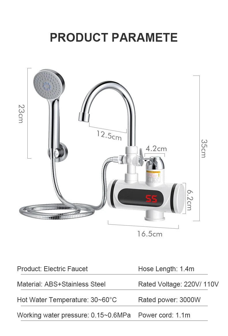 DMWD Electric Instant Hot Water Faucet Water heater Fast heating with LED Temperature Display Tankless Tap For Kitchen shower EU