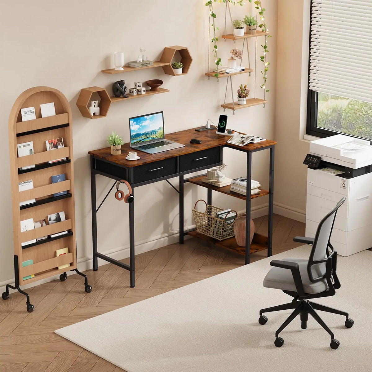 40 Inch L Shaped Gaming Desk With Power Outlet, Reversible Computer Desk With 2 Drawers, 3 Shelves, Headphone Hook