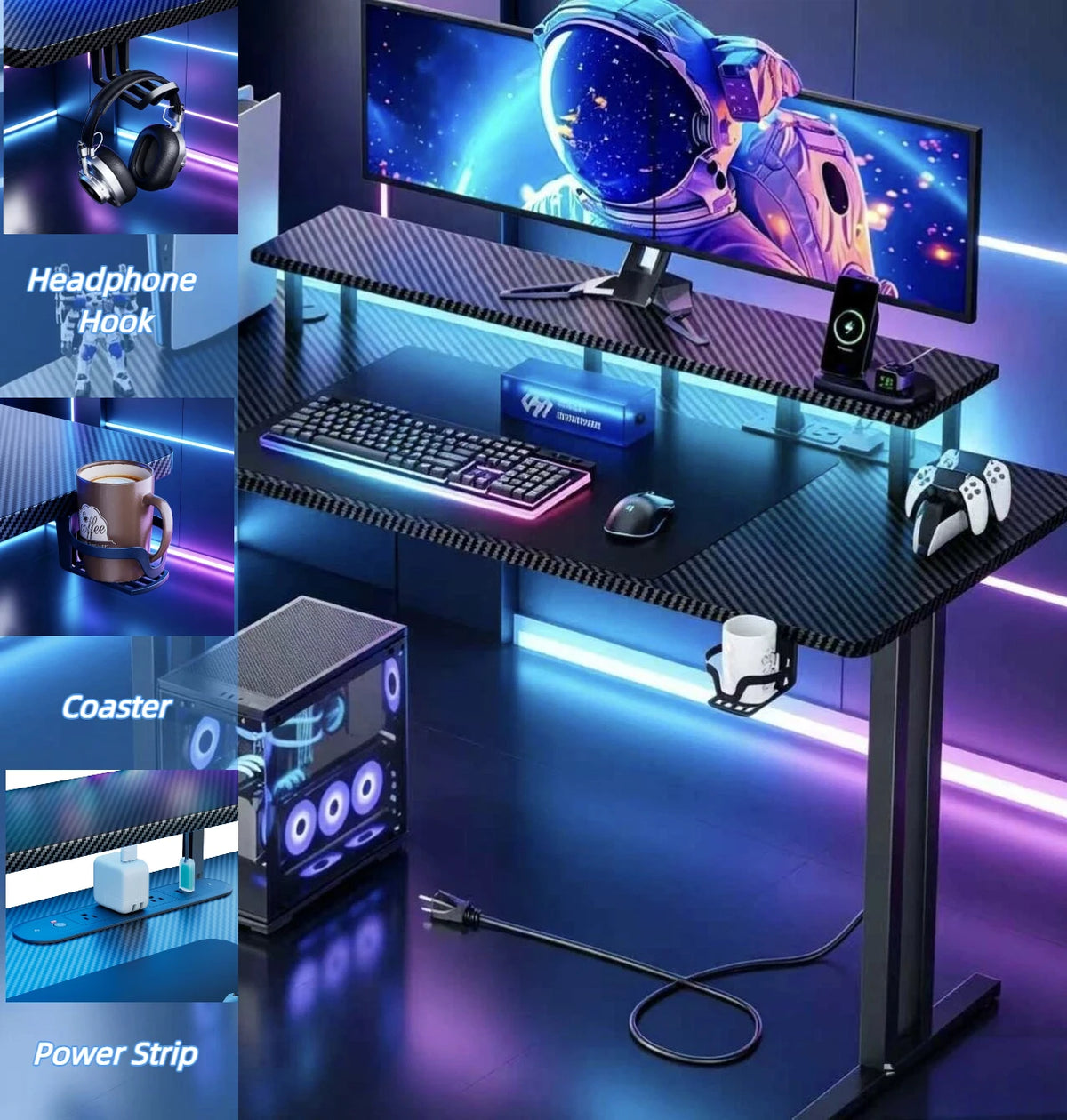 RGB Gaming Desk with Adjustable LED Lights, Carbon Fiber Surface, Detachable Monitor Stand & Built-in Power Strip, Home Office Computer Gaming Table with Cup Holder Headset Hook for Streaming Work Game