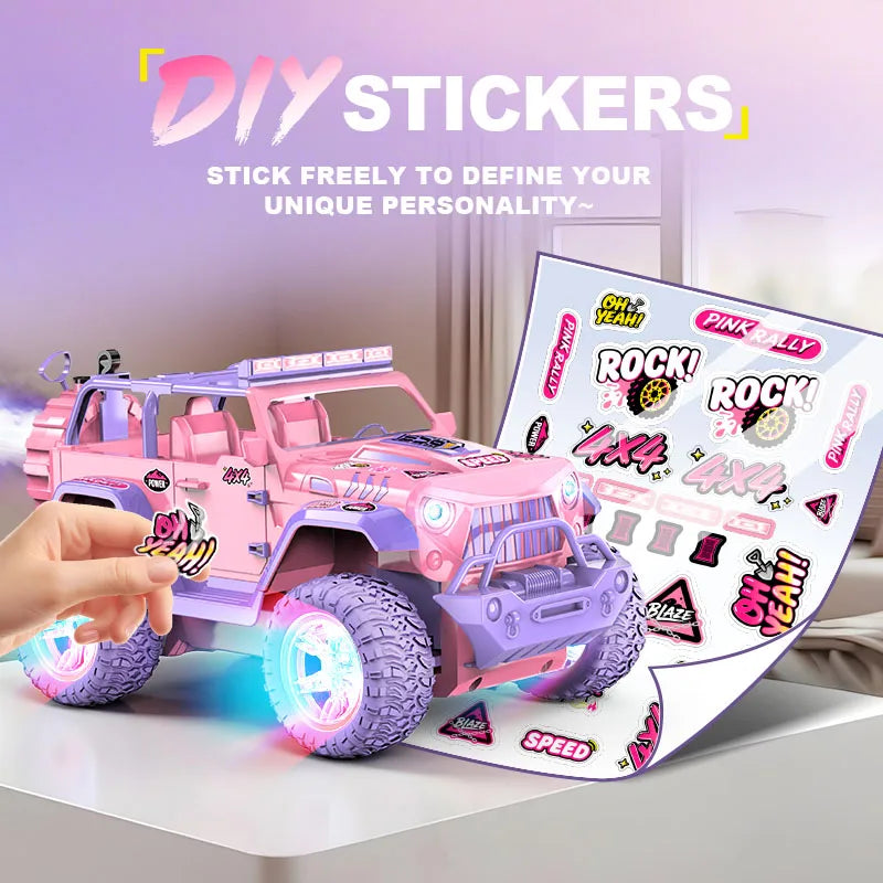 1: 16 remote control off-road vehicle, DIY sticker, pink cool light spray function, Christmas gift, New Year gift