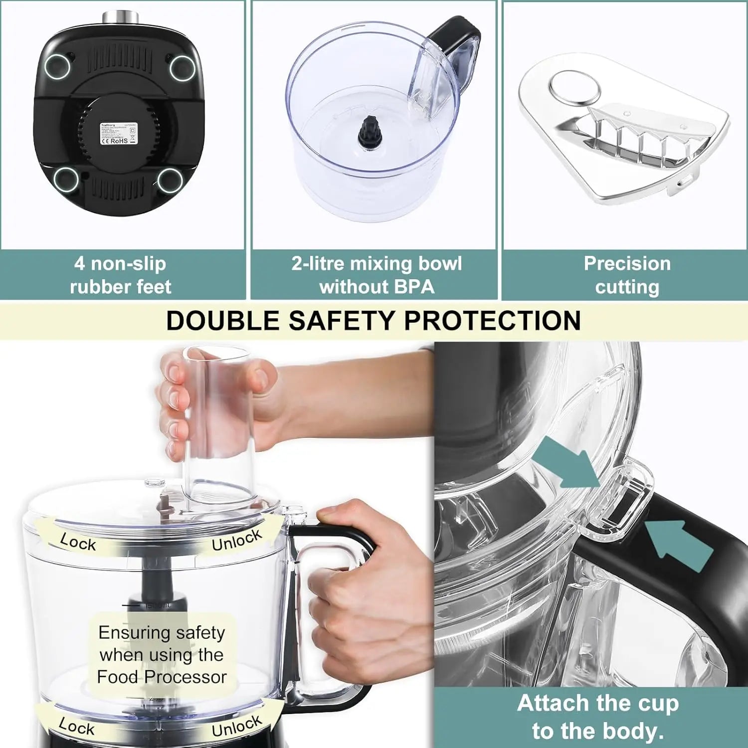 TopStrong 6-in-1 for Chopping, Slicing, Shredding and Kneading Dough, 3 Speeds with Pulse, 2L Mixing Bowl 800W Food Processor