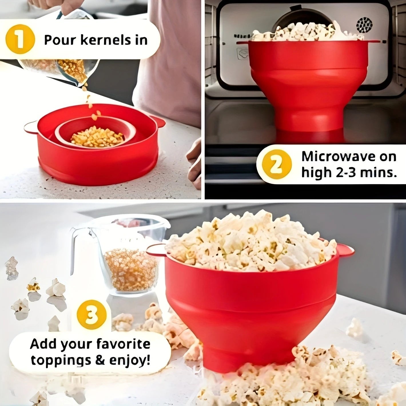 Make freshly popped popcorn in the microwave with this 3L large capacity, foldable silicone bowl popcorn maker. BPA-free and dishwasher safe for easy and convenient snack preparation!