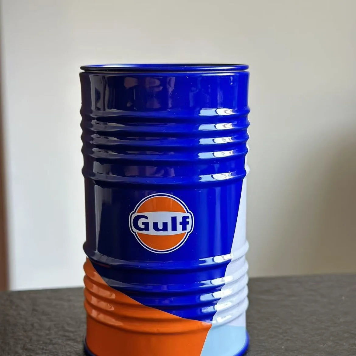 Gulf Oil Racing Car Micro Model Iron Box Scene Desktop Ornament Storage Tank Home Garden Decorative Craft for Collectors Gift