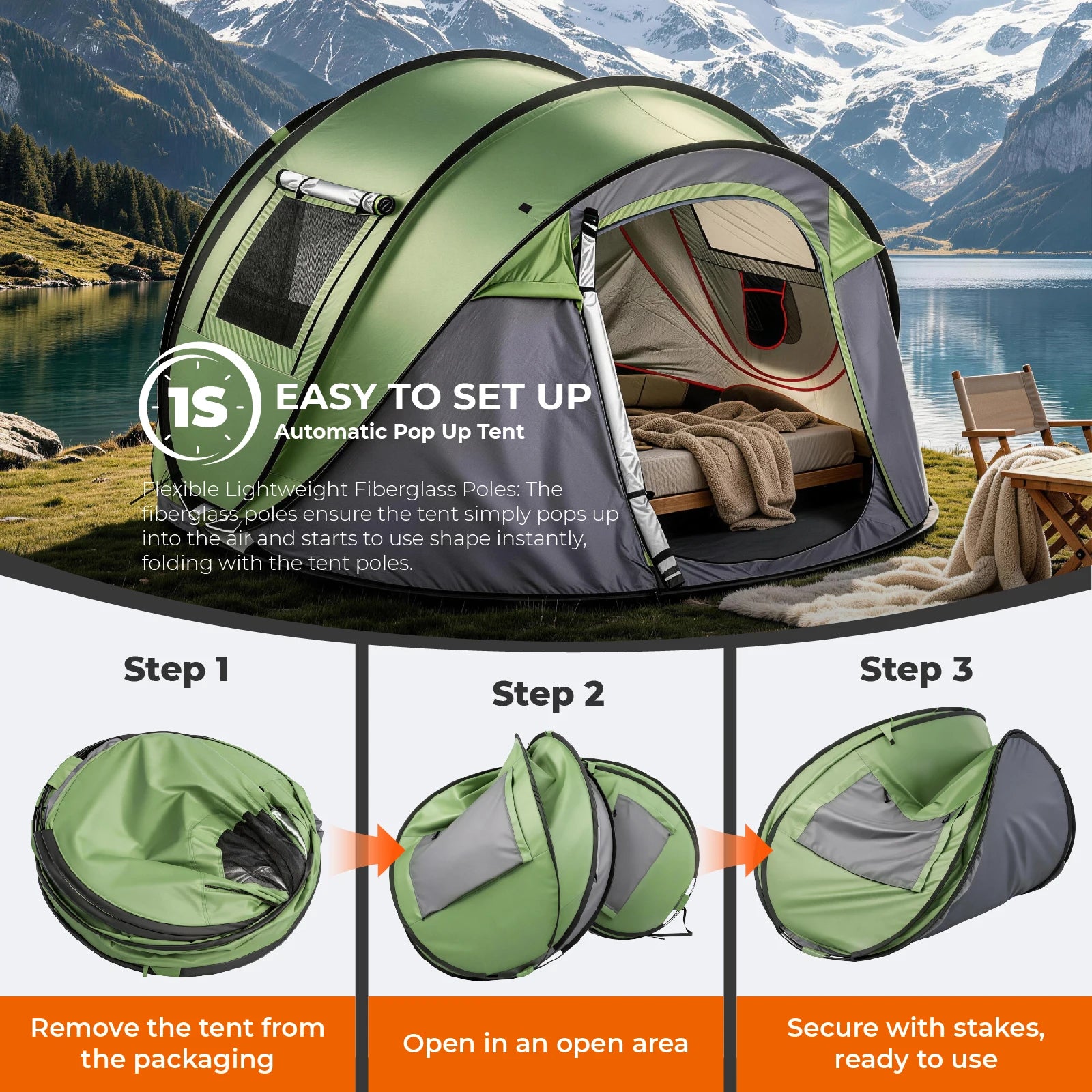 4 Person Pop Up Camping Tent Instant Setup Waterproof Family Tent with Front Awning Automatic Throw Pop Up Tent 280x200x120cm Green Outdoor Tent for Hiking Beach Backpacking 3-4 People