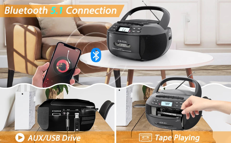 CD cassette player recorder with USB/MP3 and radios,portable cd tape boombox with remote control,AC DC power