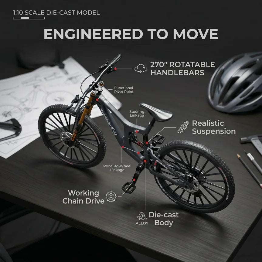1:10 Scale Full Alloy Frame Downhill Mountain Bike Model Full Suspension Diecast Collectible Miniature Realistic Toy Gift Decor