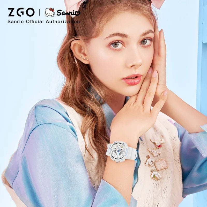 ZGO Sanrio Hello Kitty ladies' digital watch multi-functional dual-display waterproof sports watch for students gift 8573