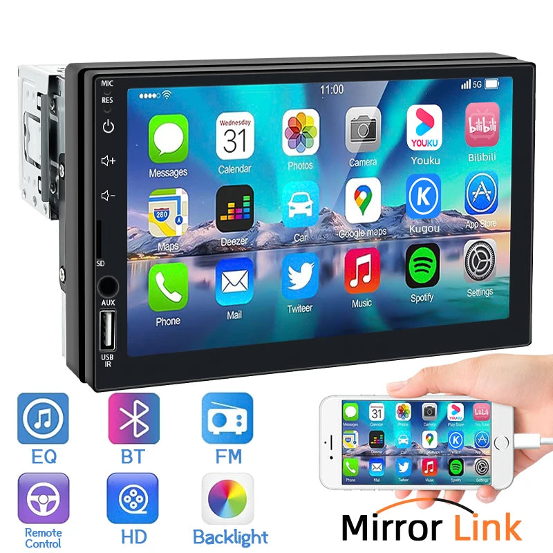 Hippcron 7 Inch Car Radio 1 Din MP5 Multimedia Player Touch Screen FM ISO Power Aux Input Bluetooth USB Mirror Link Universal