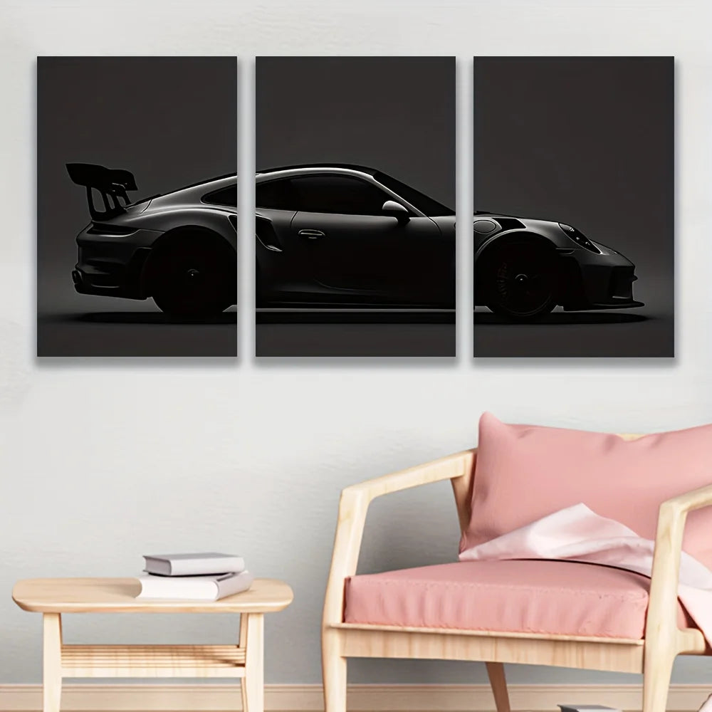 Frameless[3pcs Black Sports Car Art] 3pcs High-Quality Frameless Canvas Wall Art - Black Sports Car in Dark Monochromatic Tripty