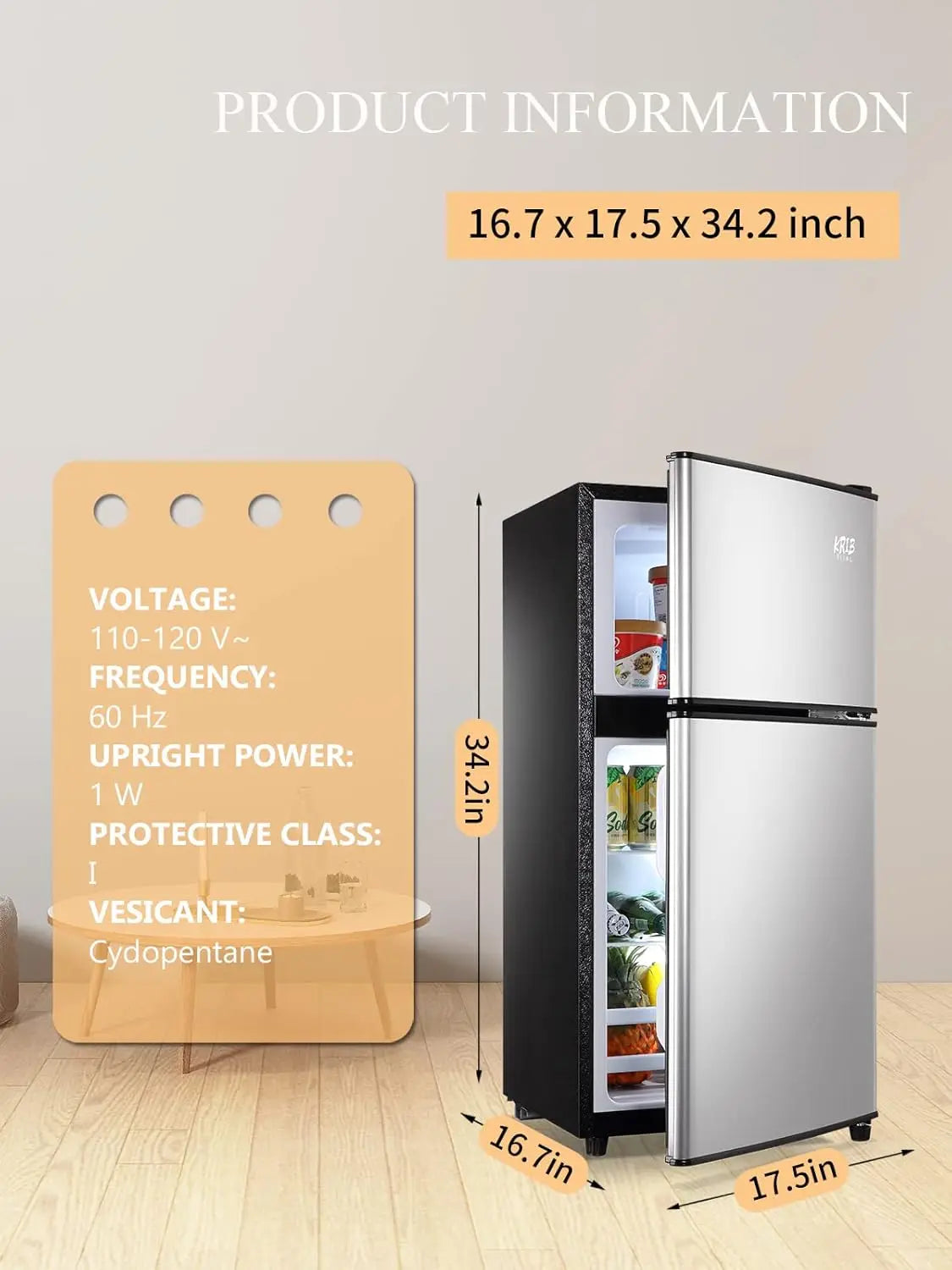 KRIB BLING Mini Fridge with Freezer on Top, 3.5 Cu.Ft Compact Refrigerator with 7 Levels Adjustable Thermostat, Small Refrigerat