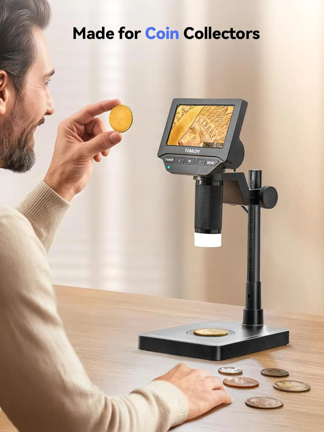 TOMLOV DM4W Microscope 200X Zoom with Weighing Scale 4.3" Digital Coin Microscopes Error Coin Magnifier for Collectors, Jewelers, Microscope for Electronics Repair PCB Solding