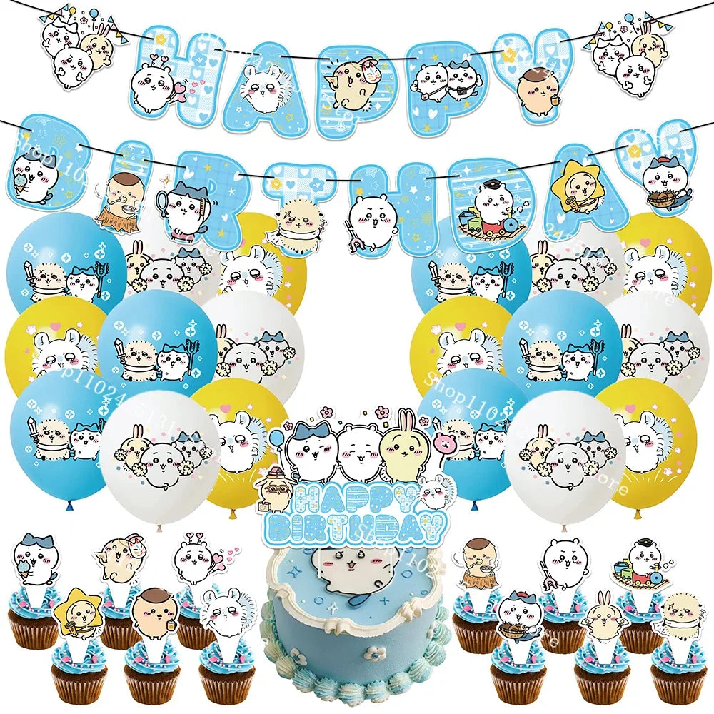 Chiikawa kawaii Happy Birthday Party Decorations Cute plate Banner Cake Topper Flag Balloons Disposable tableware Decorations