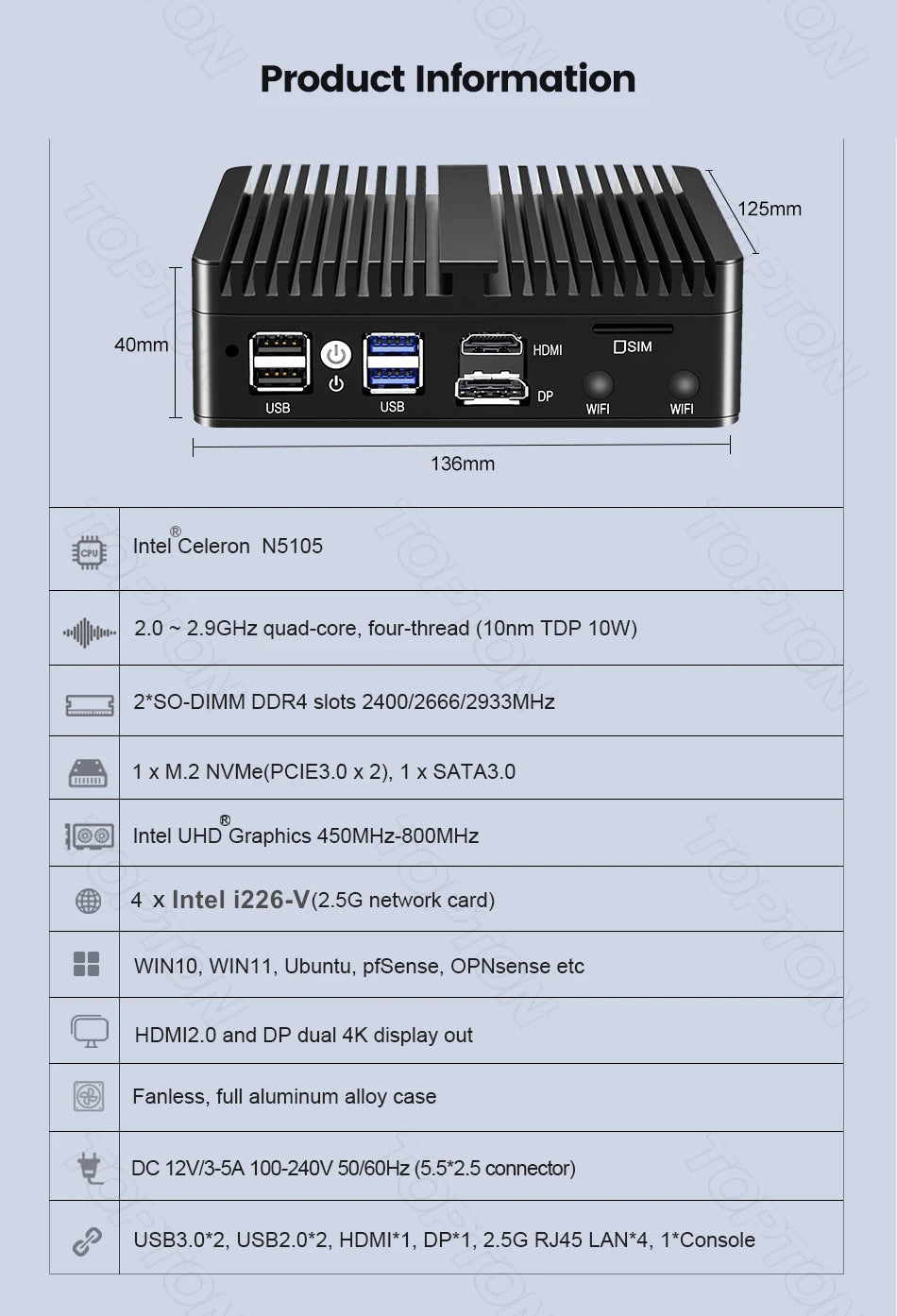 Topton 12th Gen Intel Twin Lake N150 Soft Router N5105 N6415 N6210 4*2.5G LAN Fanless Mini PC pfSense Firewall Appliance AES-NI