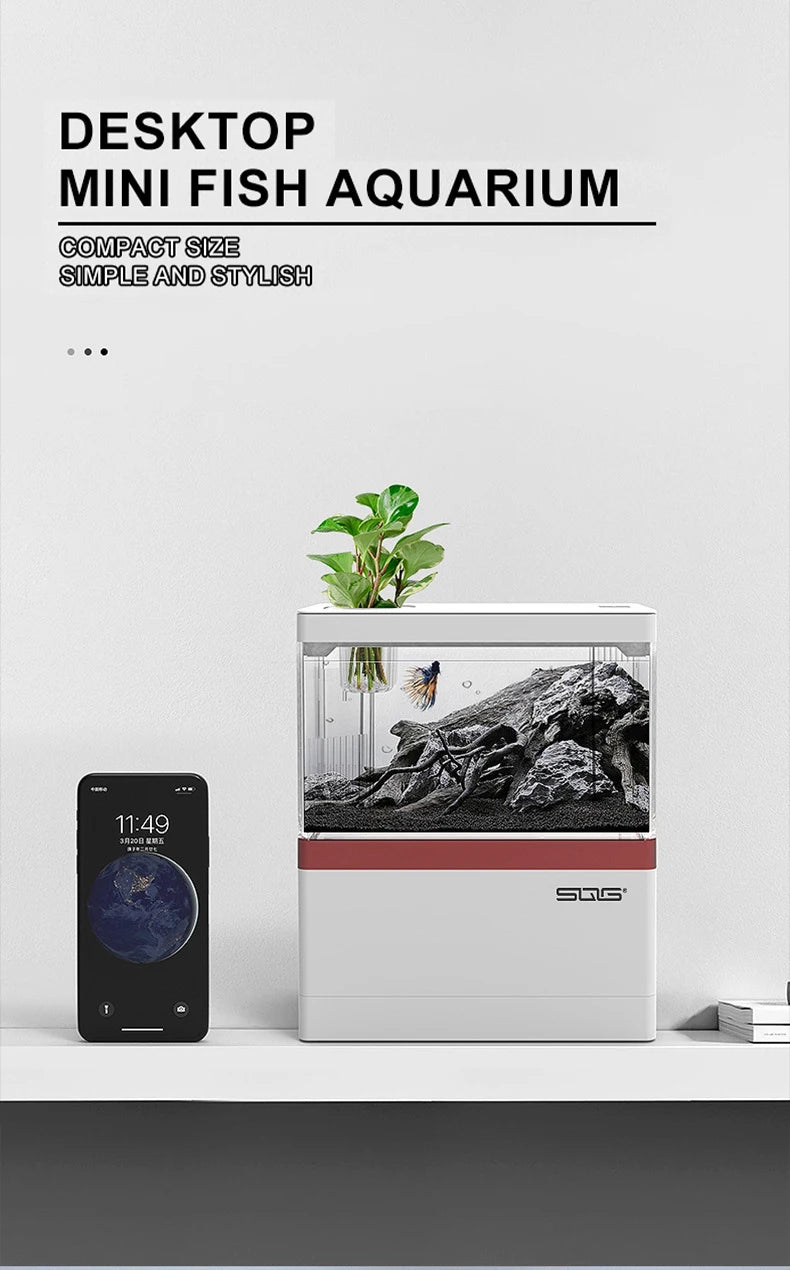 Mini Fish Tank Self-Circulating Fish Tank with Charging Filter Desktop Living Room Household Water Free Ecological Aquarium