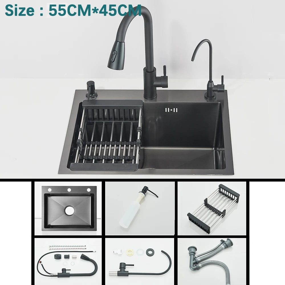 Multifunctional Kitchen Waterfall Sink Digital Display Large Single Gray Sink Dish Basin Sink 304 Stainless Steel