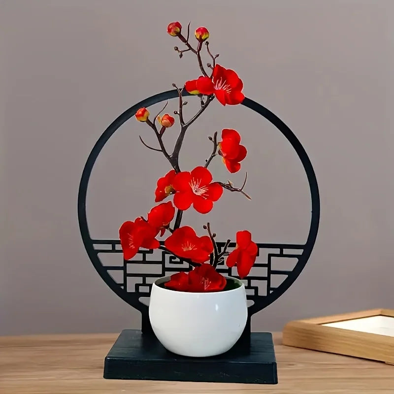1set Chinese-Inspired Artificial Plum Blossom Bonsai with Screen Base - Versatile Tabletop Decor for Various Rooms, Ideal for