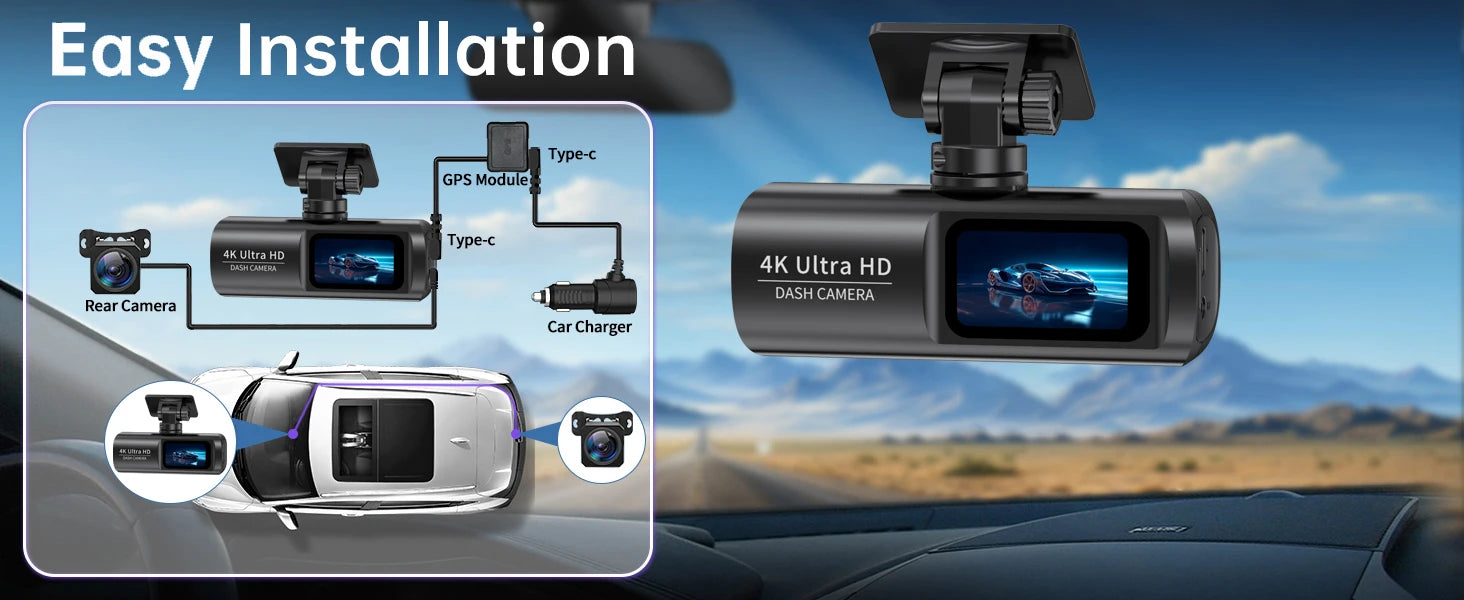 Dash Cam 4K UHD for Car Camera Front Rear Dual Lens With GPS WiFi 24h Parking Mode Night Vision Car DVR Video Registrator