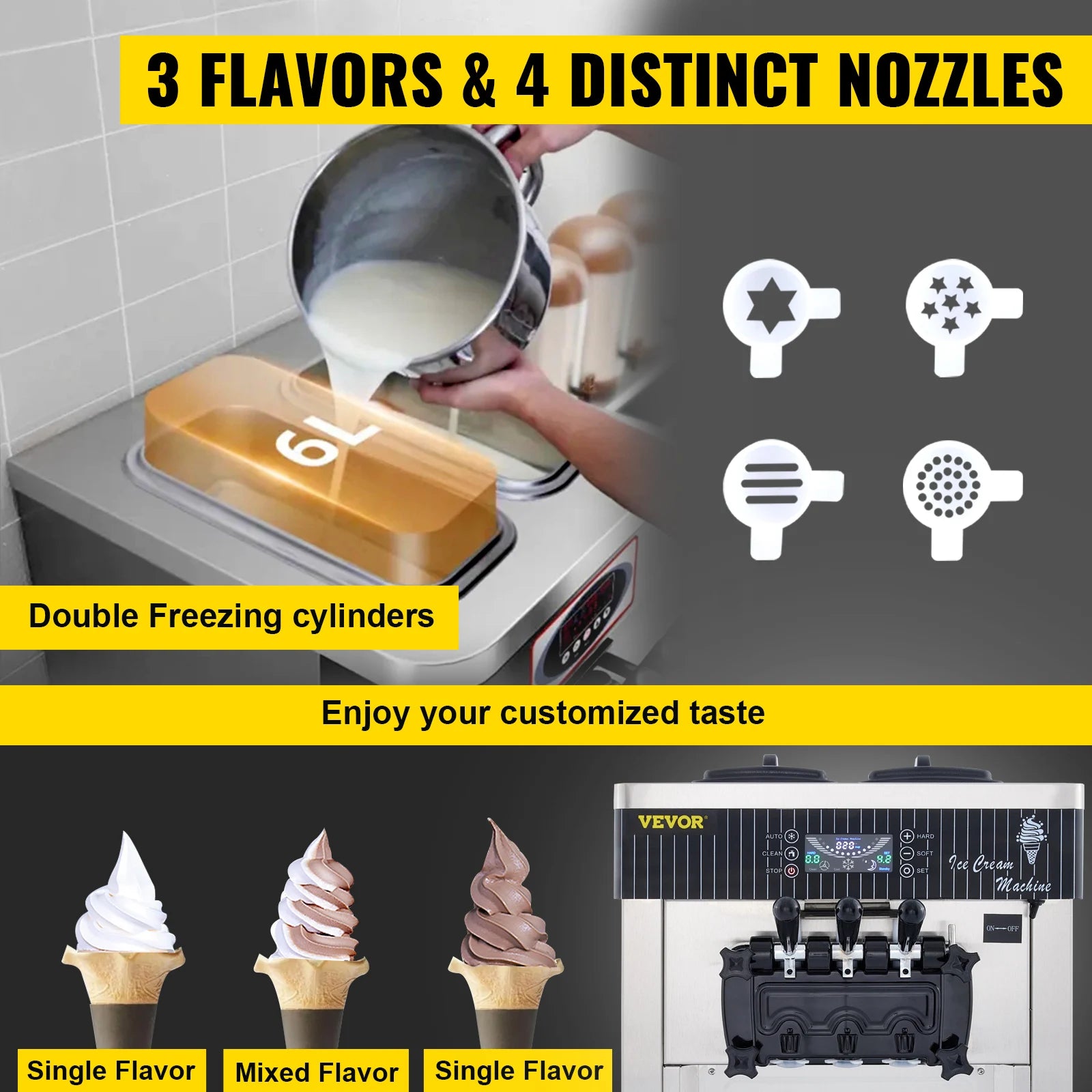 Sihao 2200W Ice Cream Machine 5.3-7.4Gal/H Soft Serve with LED Display Auto Clean 3 Flavors Sweet Cone Freezing Equipment