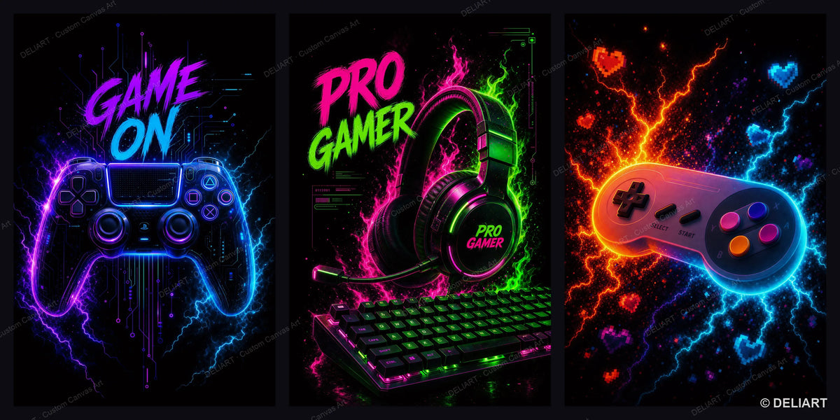 1 & 3 PCS Set Neon Gaming Posters Canvas Wall Art Print Gamepad Gamer Room Decor Esports Gift for Boys Teens Unframed