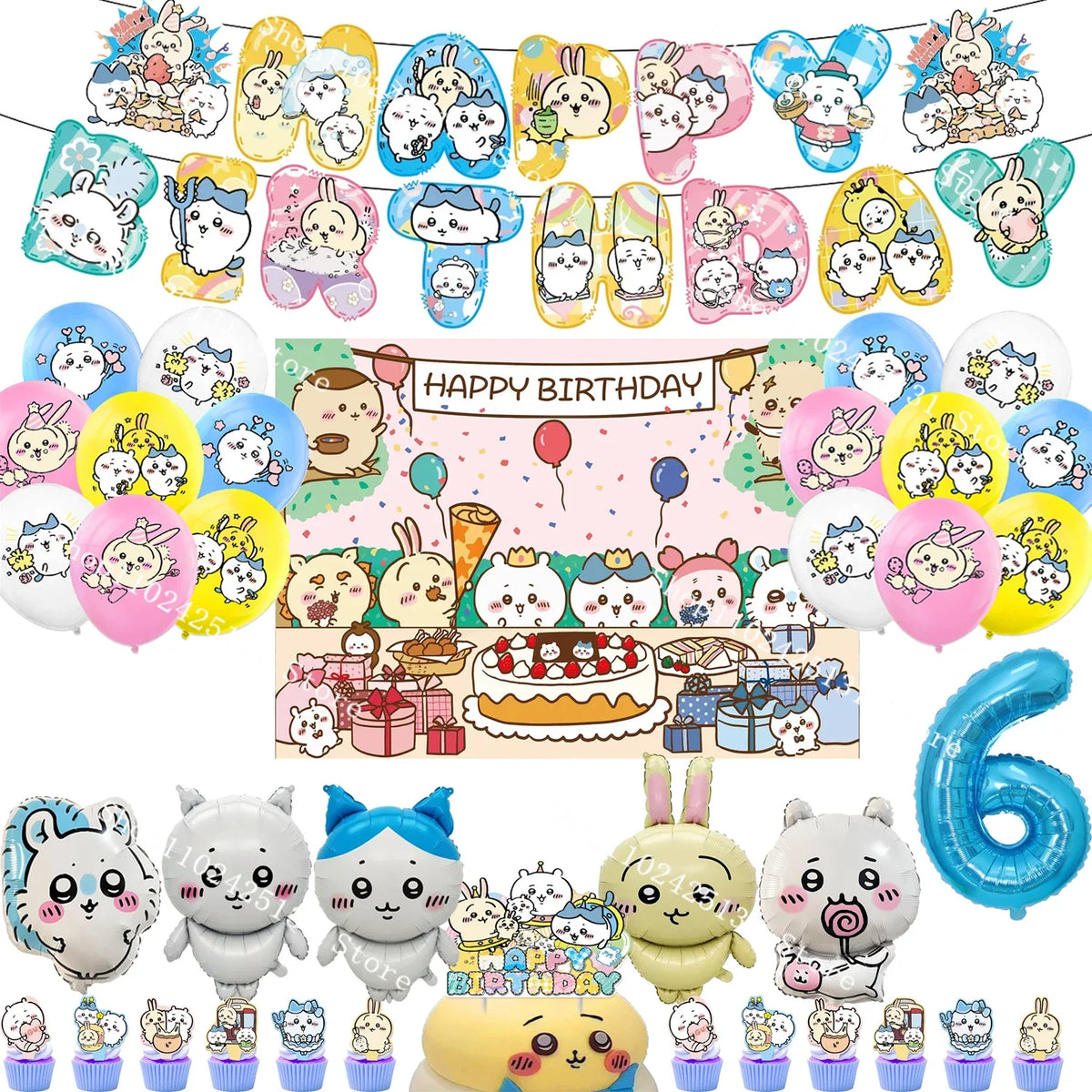 Chiikawa kawaii Happy Birthday Party Decorations Cute plate Banner Cake Topper Flag Balloons Disposable tableware Decorations