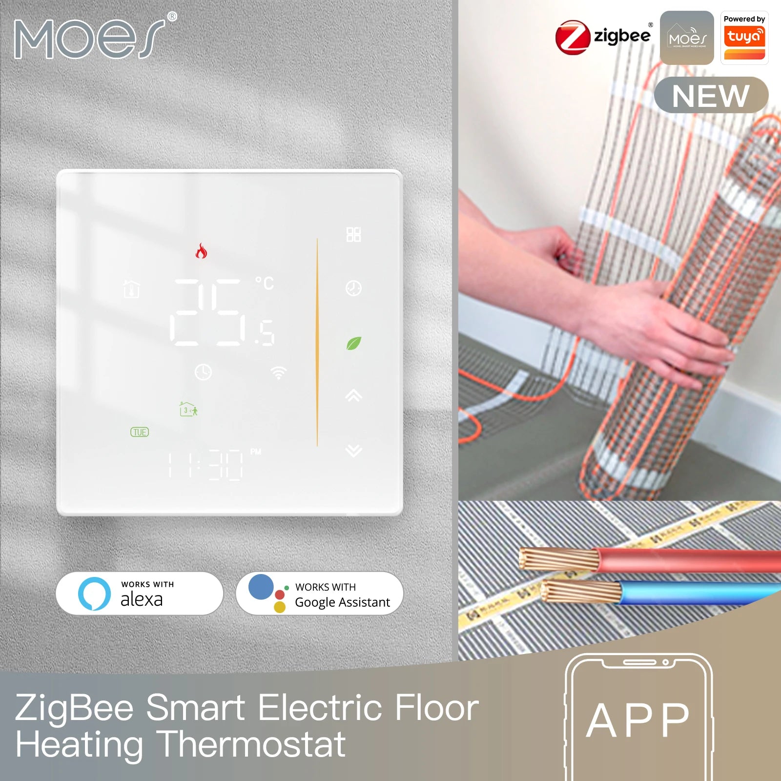 Moes Zigbee Thermostat Room Temperature Controller of Water/Electric Floor Heating Gas Boiler Humidity Tuya Work with Alex 5A16A
