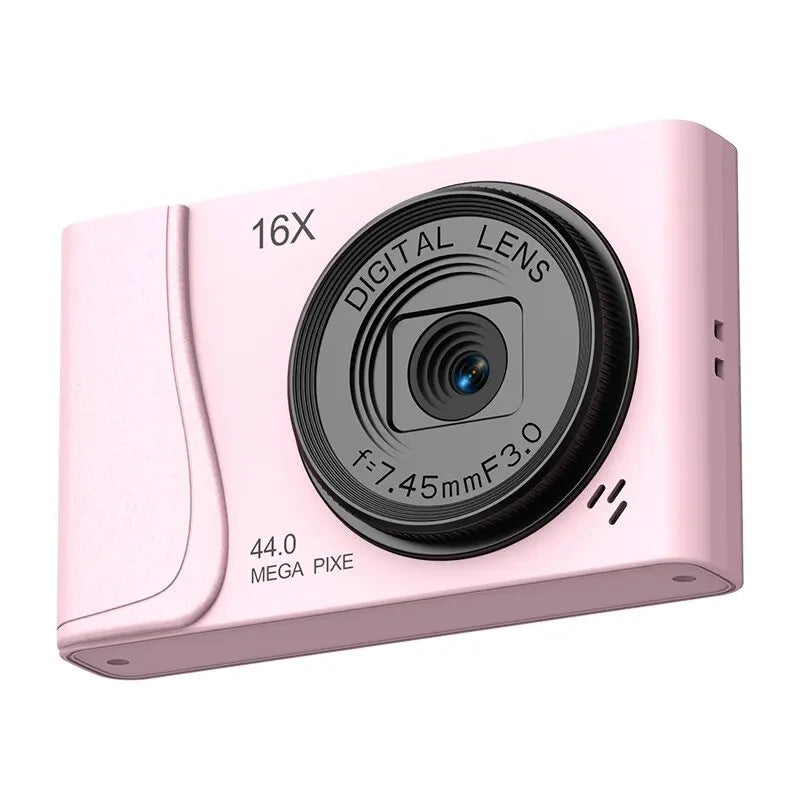 Pink digital camera with lens and specifications