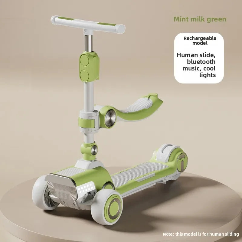 Rechargeable electric scooter for children, foldable and fun with widened design.