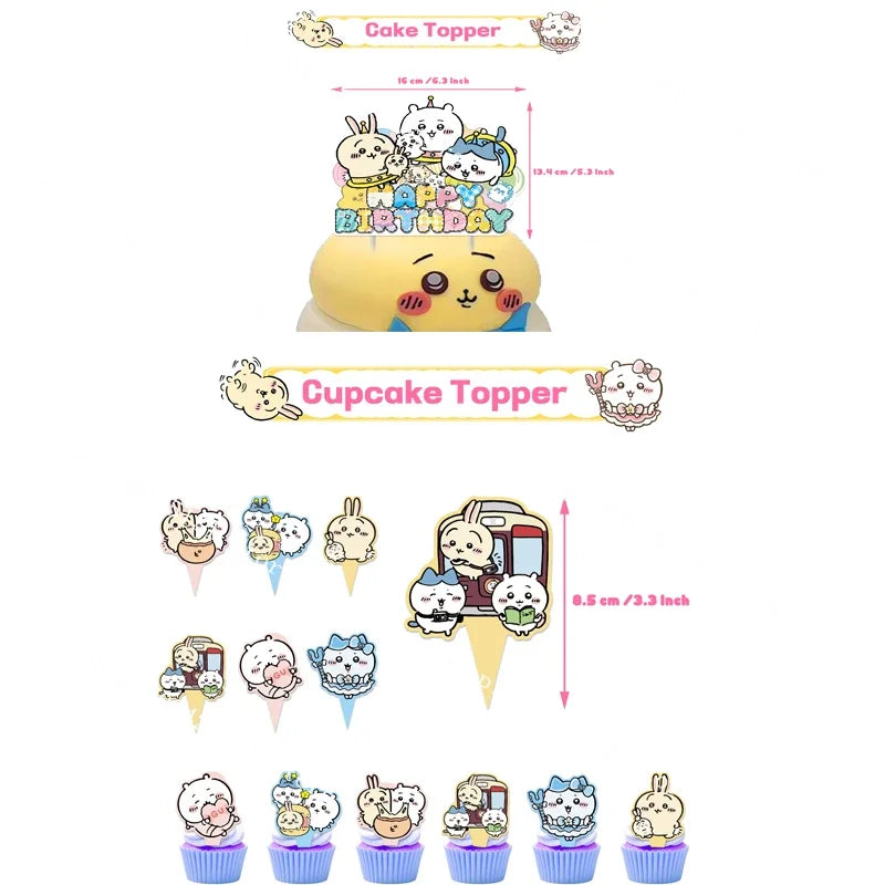 Chiikawa kawaii Happy Birthday Party Decorations Cute plate Banner Cake Topper Flag Balloons Disposable tableware Decorations