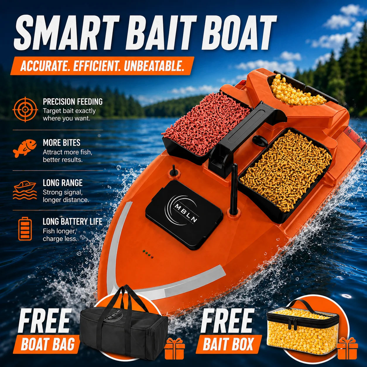 GPS RC Bait Boat with 40 GPS Points, Smart Return, Long Battery Life, 2KG Load, Free Boat Bag & Bait Box