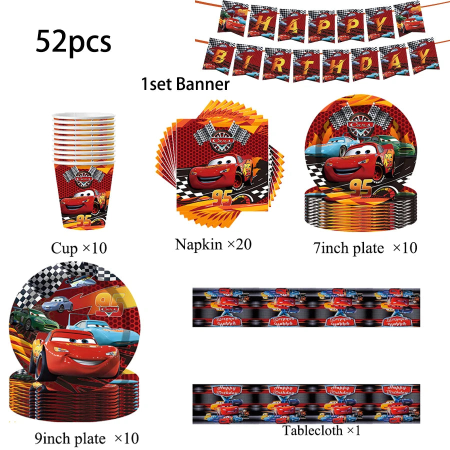 Cars Theme Birthday Party Decoration Tableware Banner Tablecloth Gift Bag Paper Plates Party Favors Toy Set Stamps Bracelets