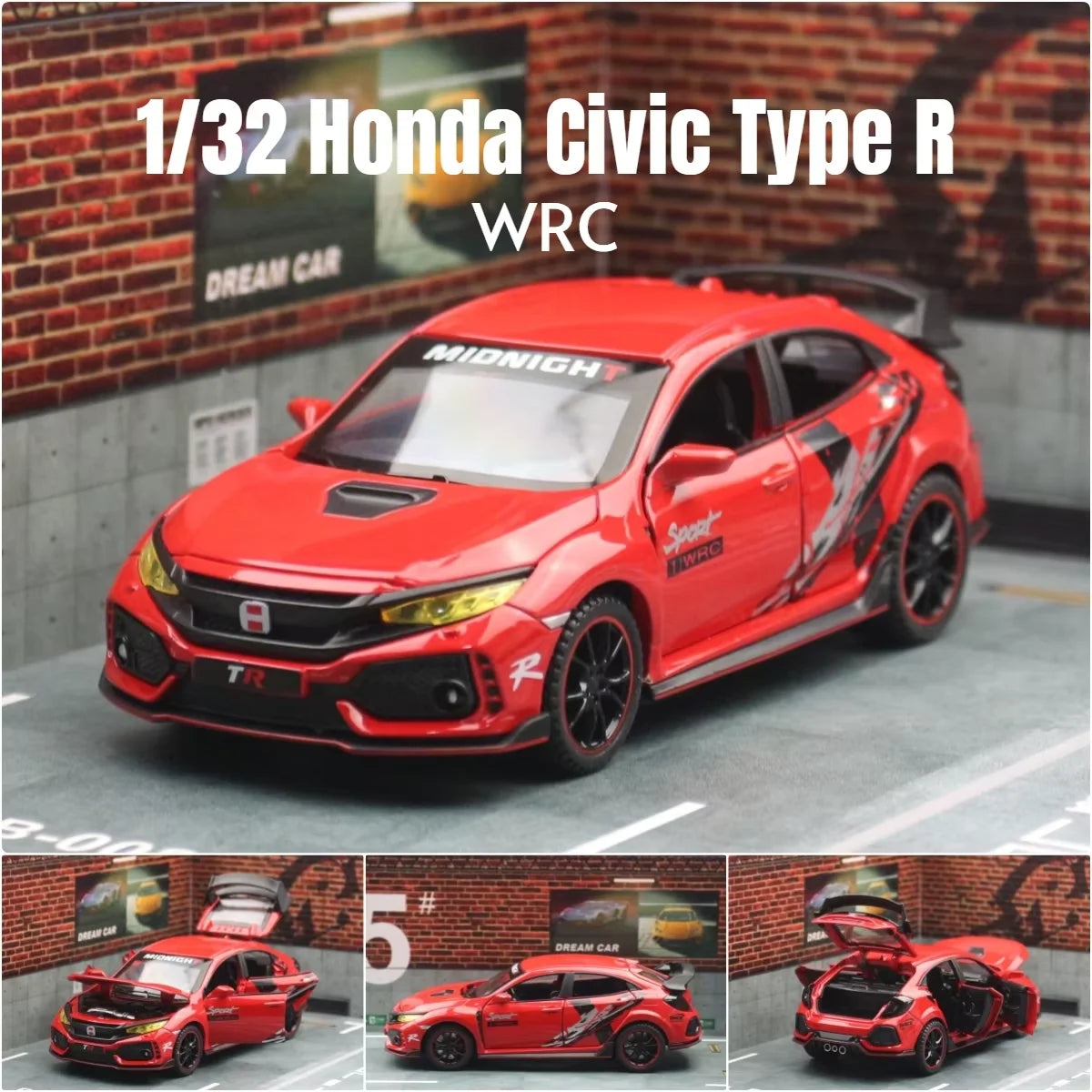 1/32 Honda Civic Type R Toy Car For Children Diecast Miniature Model Pull Back Doors Openable Sound Light Collection Gift Boys