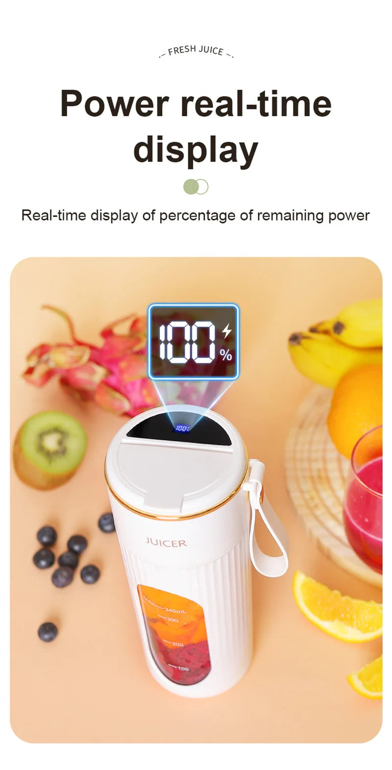 340ml Juicer Household Small Portable Fruit Juice Cup Rechargeable Lcd Display Electric Juicer 14 Blades Outdoor Travel