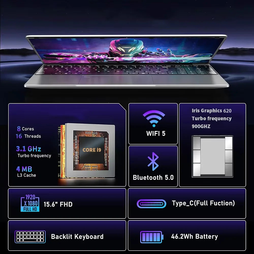 15.6' Laptop Computer Windows 11 Core I9-10980HK PC Gamer 16GB RAM Fingerprint Unlock Notebook Laptops Backlight Study Computer